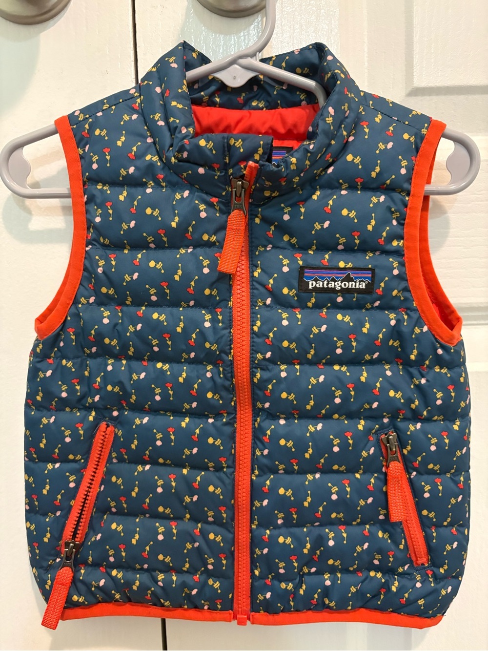 Patagonia Kids Teal Floral Puffer Vest with Red Trim